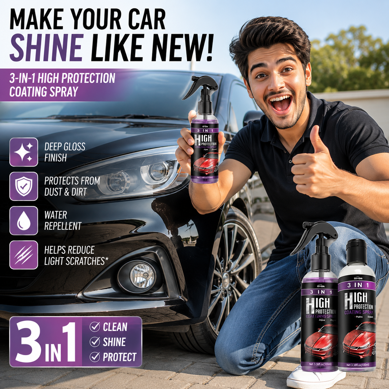 3-in-1 Nano Car Coating Spray | Scratch Repair & Hydrophobic Polish (Pack of 2)