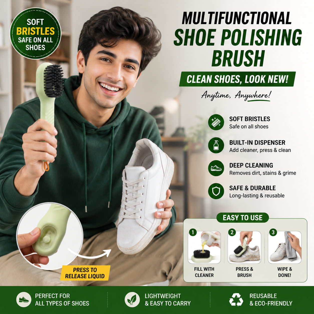 Multifunctional Shoe Cleaning & Polishing Brush | Soft Bristle Shoe Cleaner with Liquid Dispenser