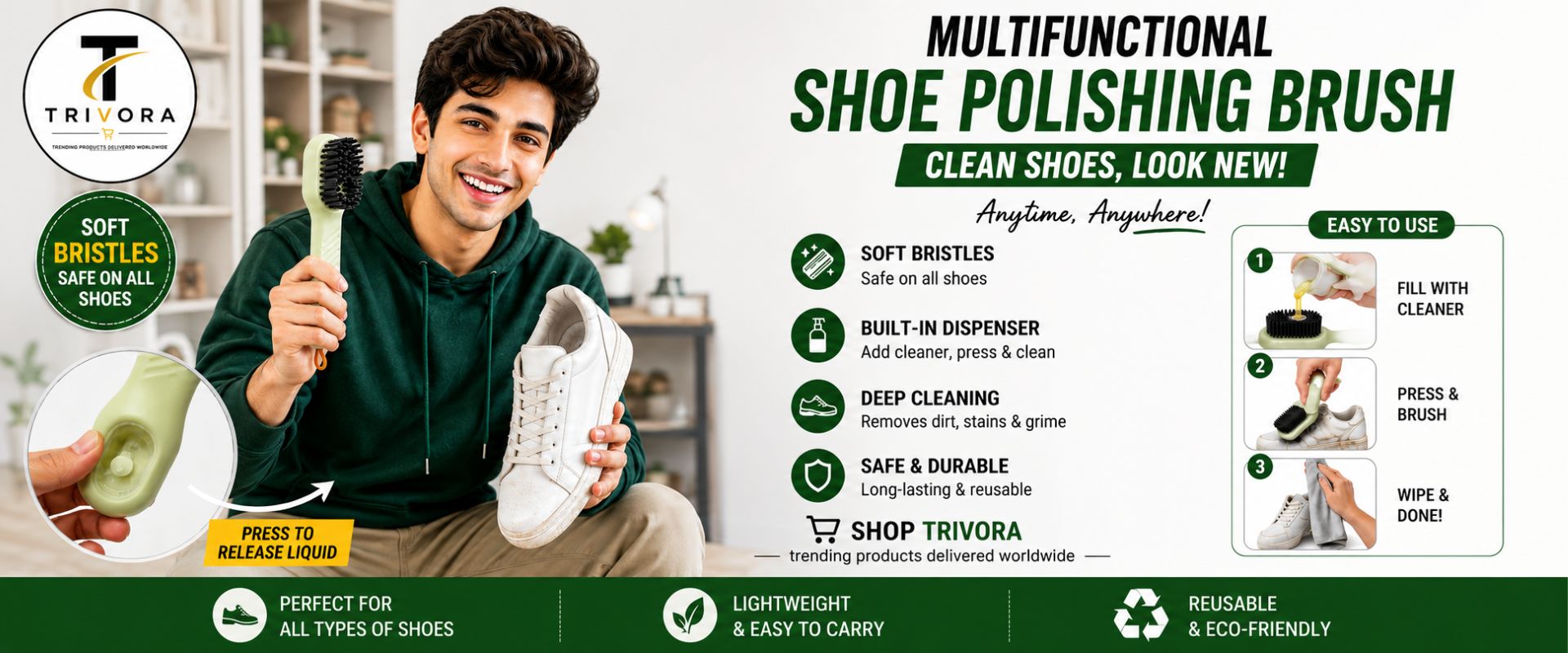 Promotional banner for the Triova Multifunctional Shoe Polishing Brush. The left side features a smiling man holding the brush and a white sneaker in a kitchen setting, while the right side displays product features, benefits, and usage instructions on a white and green background.
